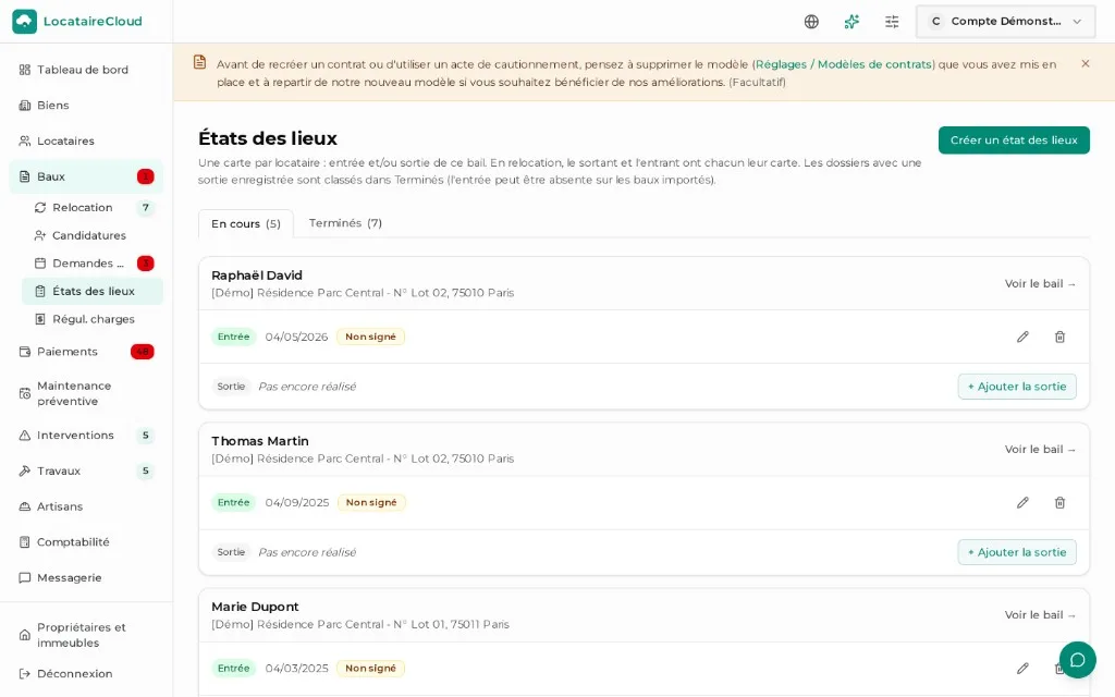 Liste des états des lieux d’entrée et de sortie dans LocataireCloud