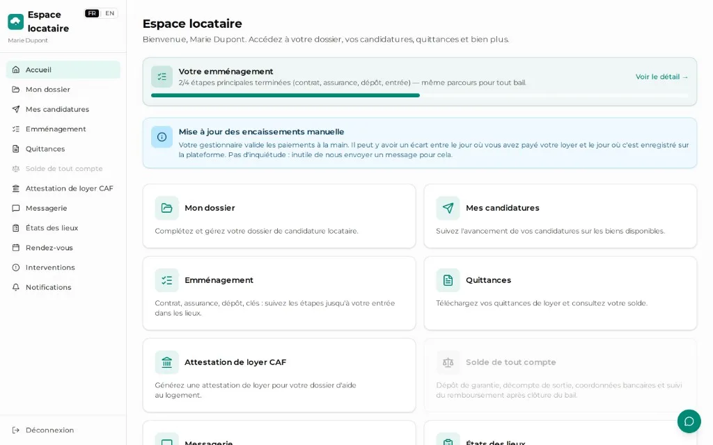 Espace locataire LocataireCloud : quittances, attestation et emménagement