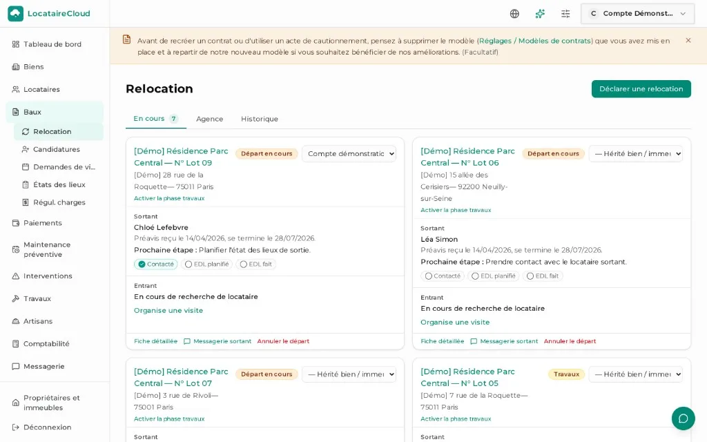 Tableau des relocations en cours dans LocataireCloud