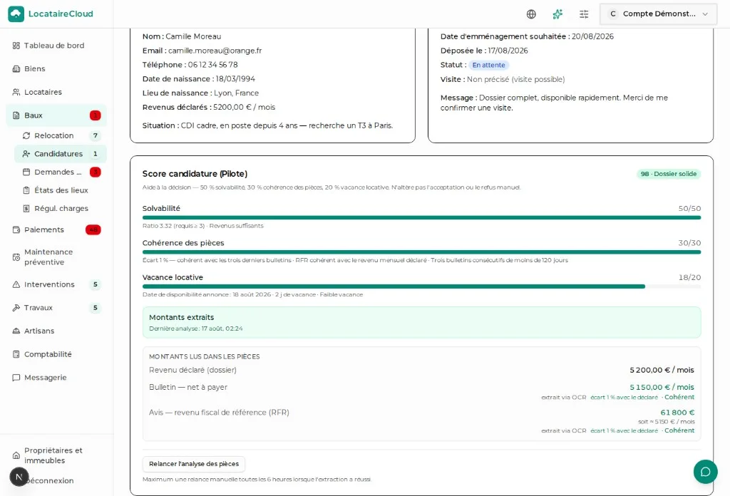 Fiche candidature LocataireCloud avec le score de solvabilité et de pièces